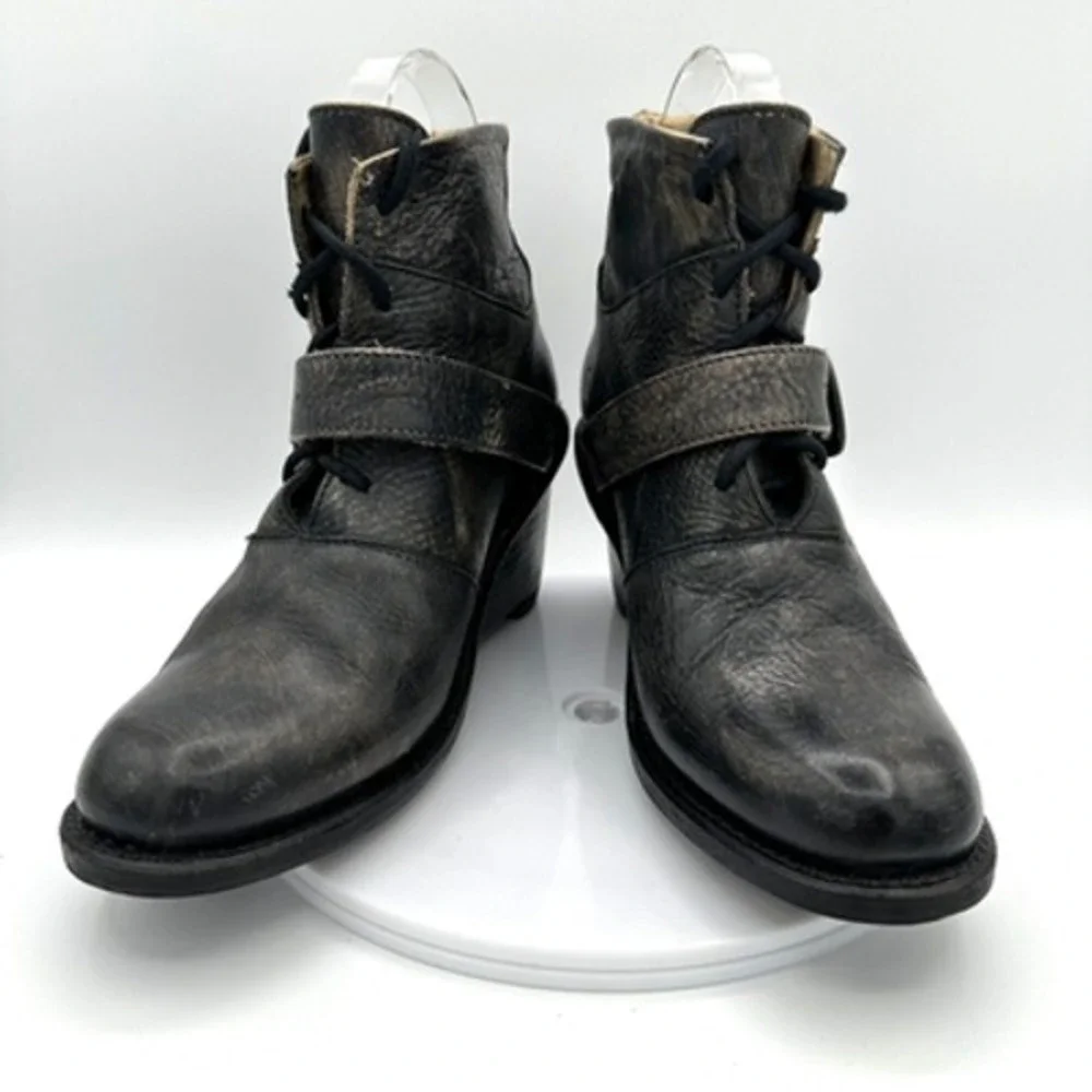 BED STU Rustic Wedge Ankle Boots Womens 6.5 Teak Two Tone Leather Buckle Western